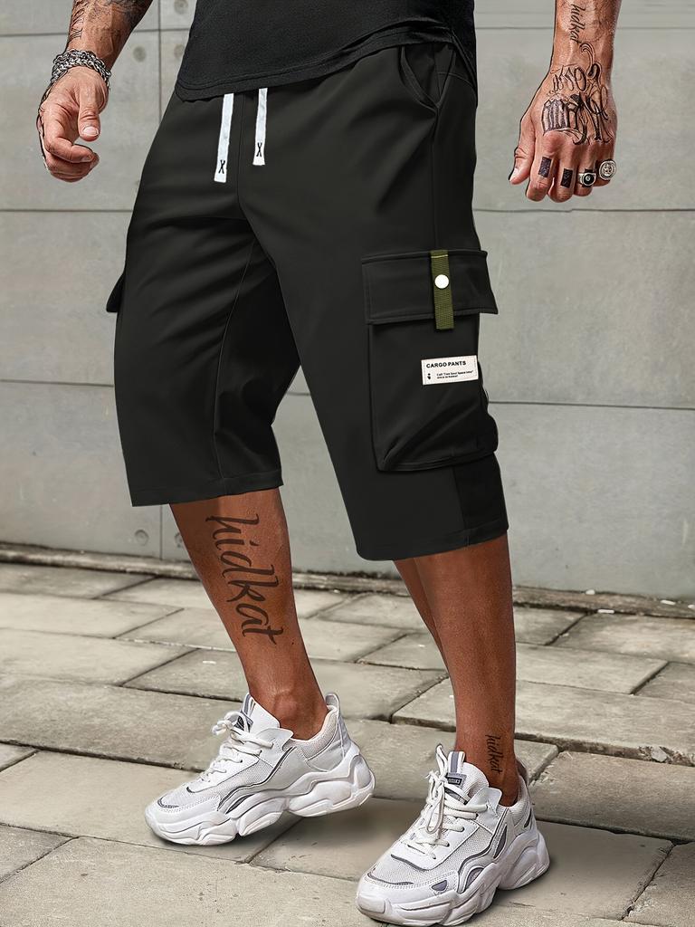 1pc Men's Fashionable and Casual Utility Capri Pants for Summer with Drawstring At the Waist, Large Pockets and Three-quarter Pants