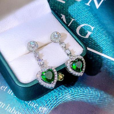 Exquisite Earrings for Women's Silver Earrings Inlaid Green Love Zircon Earrings Long Tassel Jewelry Earrings Korean Earrings