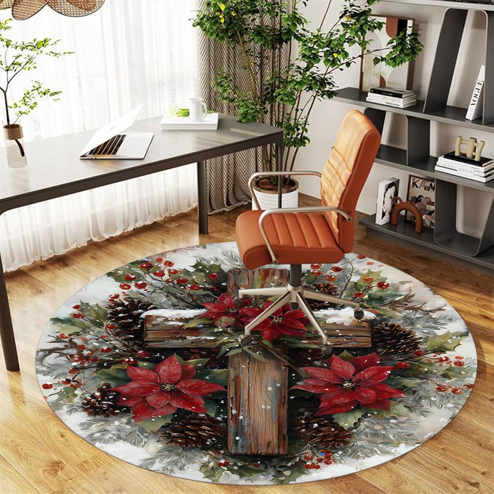 1pc Christmas wreath cross Round Chair mat office Area Rug - Non-Slip, Floor Mat for Office, Bedroom, Ideal home decor gift c0112132