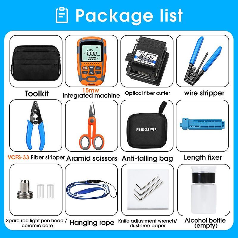 15km -70~+ 10dbm Visual Fault Locator Tester FTTH Fiber Optic Tool Kit with Fiber Cleaver All In One Optical Power Meter