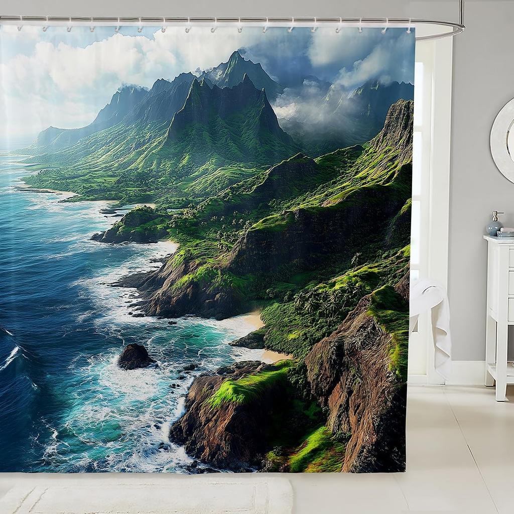 Zen Stones Bath Curtain with Hooks,White Vase Blue Flowers Aesthetic Waterproof Shower Curtain,Japanese Floral Simple Bathroom