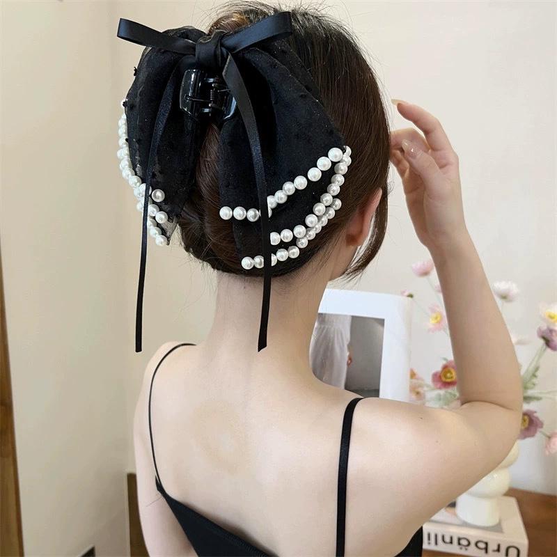 1PC Hairpin for Women Girls Hair Claw Multi-layered Bow Hair Clips Fashion with Pearl Stain Bow Ribbon