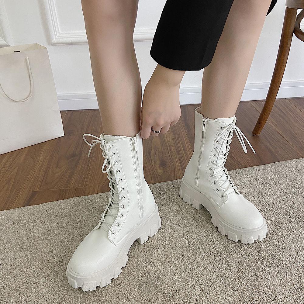 

Platform Middle Heel Footwear with Laces Lace-up Women s Boots Round Toe Biker Shoes for Woman Goth Chic and Elegant New in Boot 40