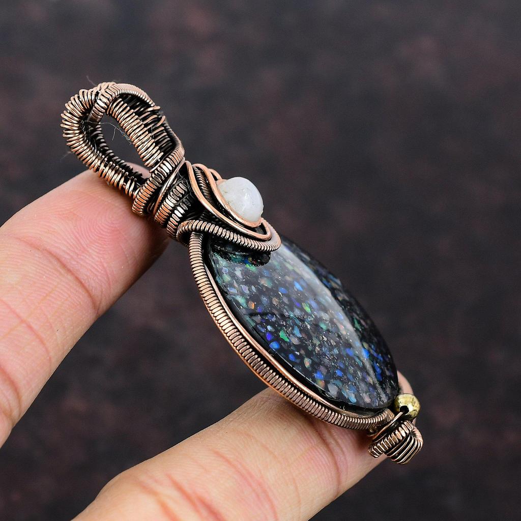 Black Ethiopian Opal Pendant Copper Wire Wrapped Pendant Rainbow Moonstone Pendant Gemstone Pendant Handmade Copper Jewelry Anniversary Gift