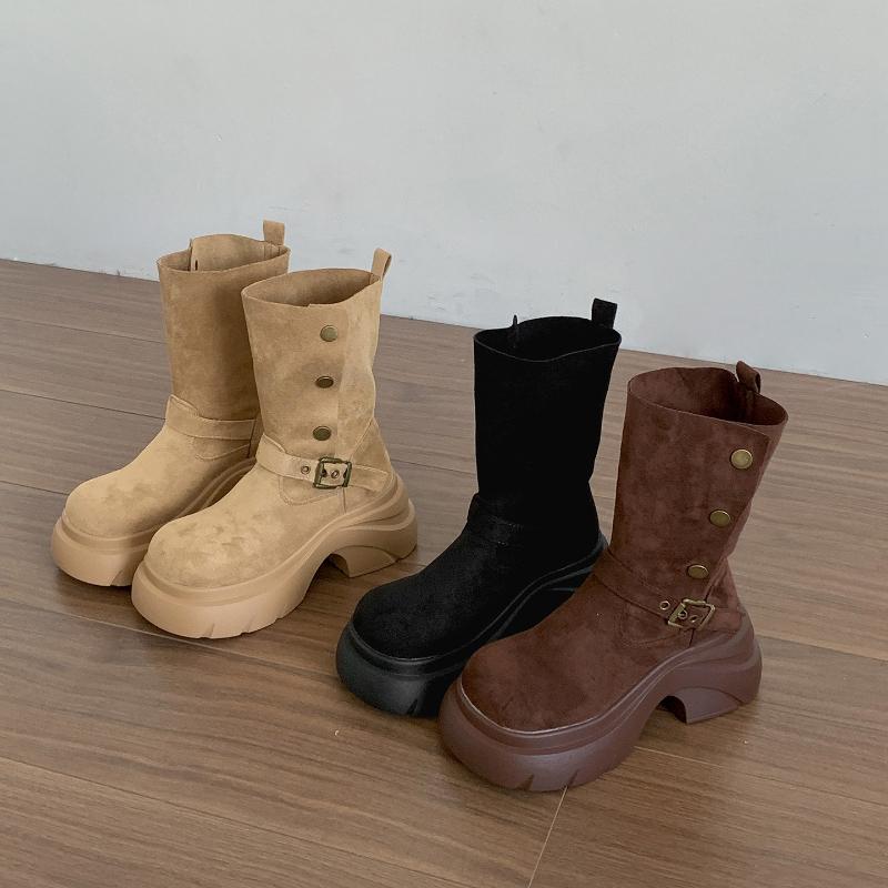 Vintage Platform Thick Heels Women Ankle Boots Punk Style Belt Buckle Knight Short Botas Autumn Winter Women's Shoes