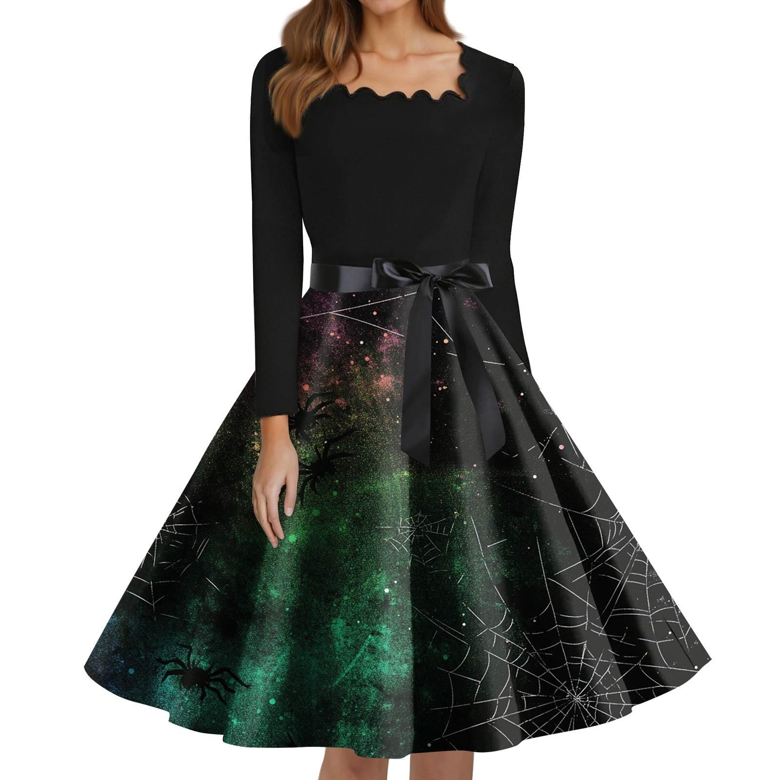 

Женские модные платья с квадратным вырезом, повседневные, приталенные, с принтом на Хэллоуин, с длинным рукавом M