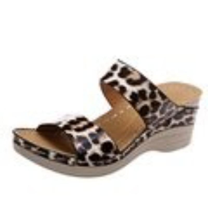 Summer new large size casual round head leopard print snake print flower high heel women's wedge heel slippers