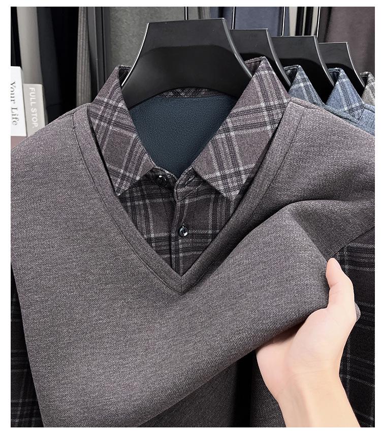 Men's Winter Knit Shirt with Velvet Thickened Layer and Collar