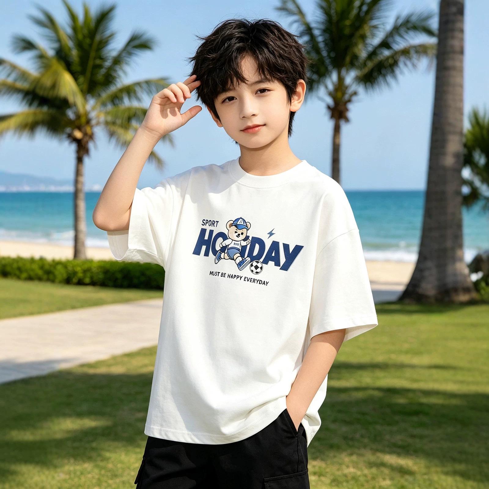 Boys  Casual Loose Fit Bear Football Print T-shirt 160 cm
