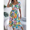New Women's Floral Print Square Neck Dress, Short Sleeve A-Line Midi Dress with Ruffle Hem & Tie Waist for Spring Summer Casual Party & Daily Wear