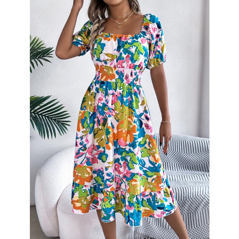 New Women's Floral Print Square Neck Dress, Short Sleeve A-Line Midi Dress with Ruffle Hem & Tie Waist for Spring Summer Casual Party & Daily Wear