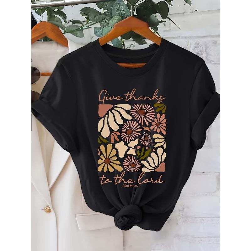 

European size Women s giue thanks Floral Print T-Shirt - Short Sleeve Round Neck Blouse, Casual Spring Summer with Elegant Botanical, 4XL чорний