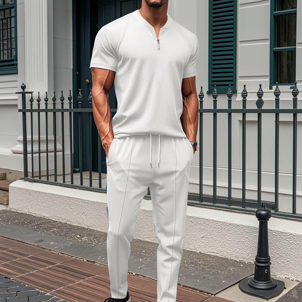 Summer 2025 Men's Waffle Knit Stand Collar Zipper Top and Long Pants Set - European & American Style