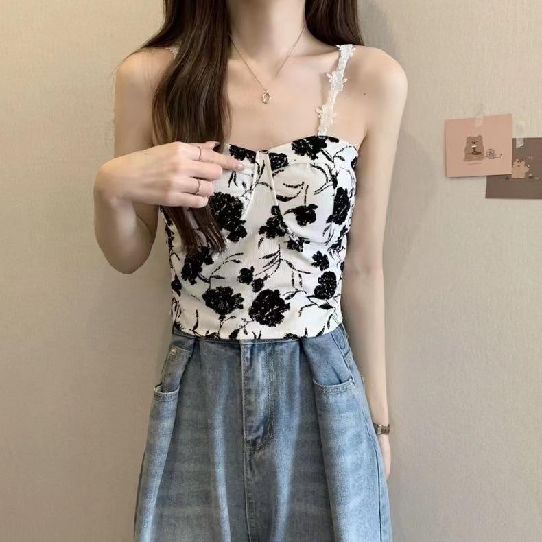 Floral Tank Top Halter Crop Tops Women Summer Camis Chest Pad Camisole Fashion Casual Tube Female Sleeveless Cropped Vest