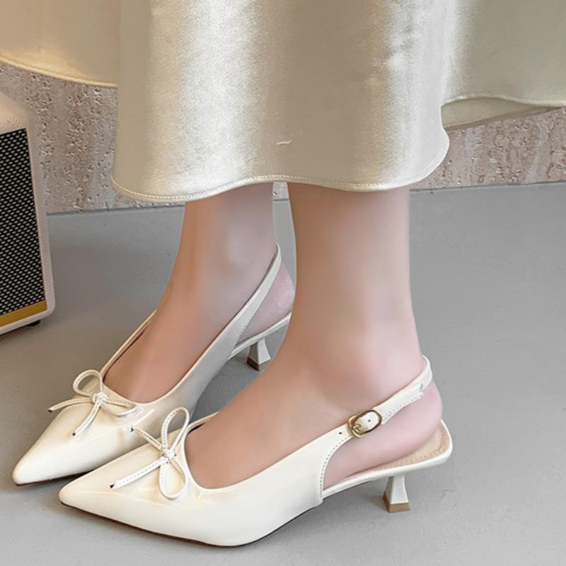 

Fashion Low Heel Baotou Sandals Summer New Pointed Head Shallow Mouth Butterfly Knot Metal Buckle Non-slip Wear-resistant Heel Shoes 35