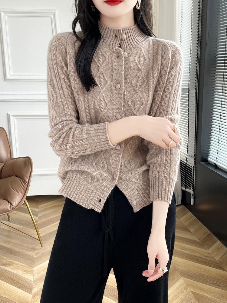 Heavy Knit Half High Neck Slim Fit Cashmere Cardigan Sweater for Spring & Autumn