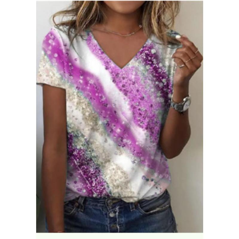

Летний топ с V-образным вырезом и 3D-цветным блоком, модные повседневные женские футболки с короткими рукавами 5XL