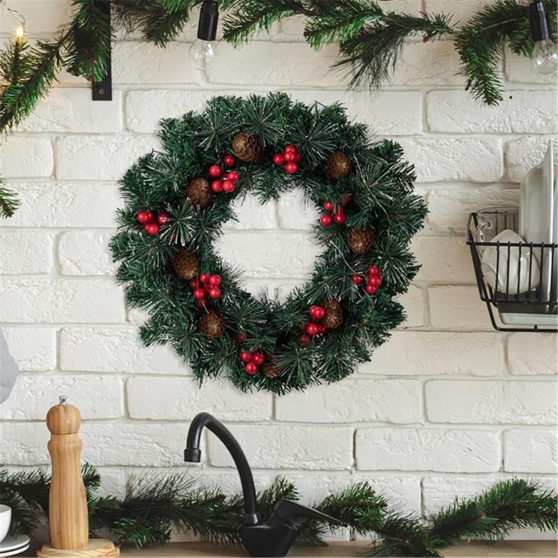 Holiday Pinecones Berries Christmas Wreath with Warm LED Lighting 40cm Diameter for Front Door Indoor and Outdoor Decors