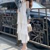 Women Sling Dress V-Neck Sleeveless Multi Layer Lace Splicing Design Maxi Dress Solid Color