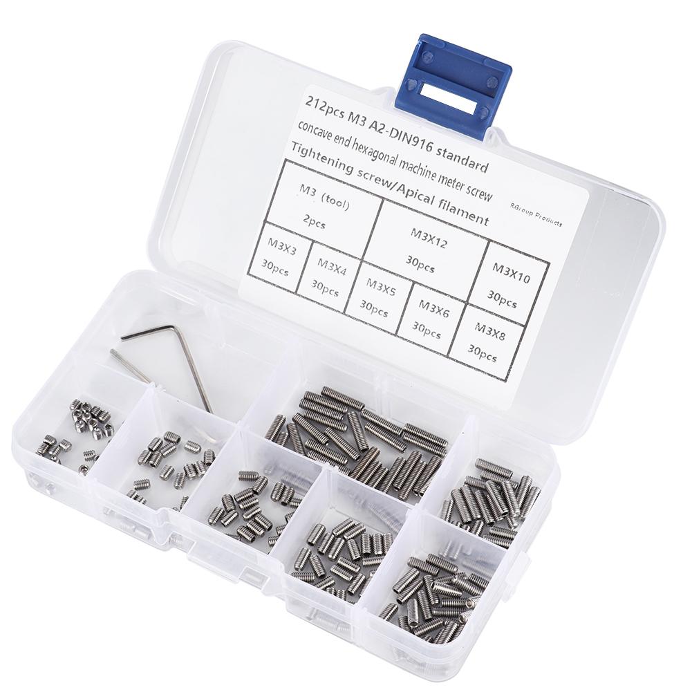 

212Pcs Grub Screws Stainless Steel M3 A2 DIN916 Inner Hex Concave End Tighten Screw Headless