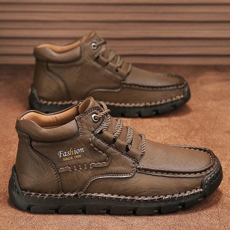 New Mens Ankle Boots High Quality Leather Warm Boots Comfortable Retro Outdoor Boots Lace Up Hiking Sneakers Men Casual Shoes