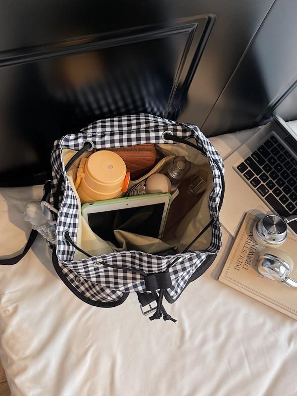 Karrierter Kordelzug-Rucksack 2025: Leichte Umhängetasche mit großer Kapazität für Mädchen und Studierende