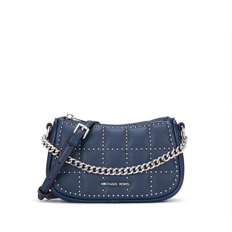 

Michael Kors MK Carmela Silver Metallic Chain Quilted Patchwork Studded Shoulder Saddle Crossbody Bag Women Handbags Navy-Blue 35R5S1QC1V-406 Basic Set (Bag+Dust Bag)