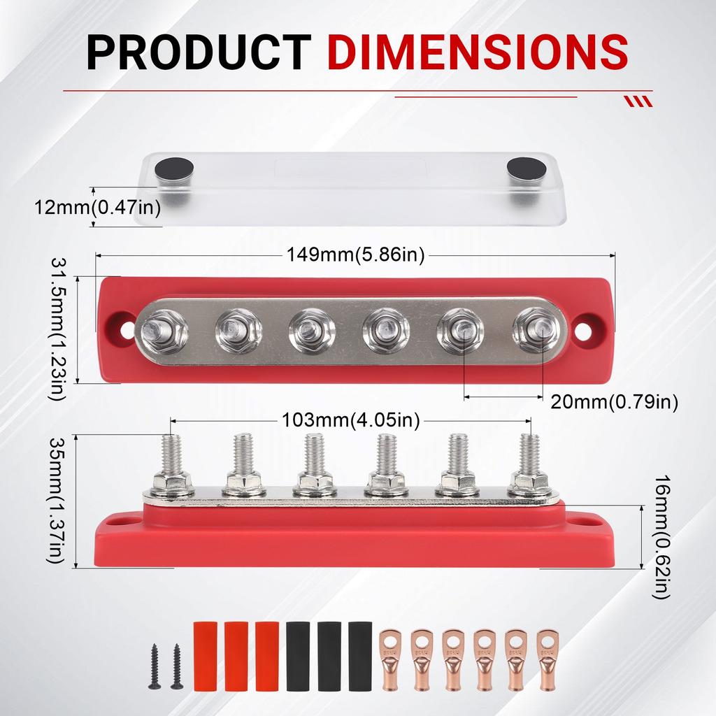 M6 Terminal Studs Bus Bar Distributor 150A 4Way 6Way Red Black 48V Heat-Resistant Power Distribution Block Copper For EV Battery