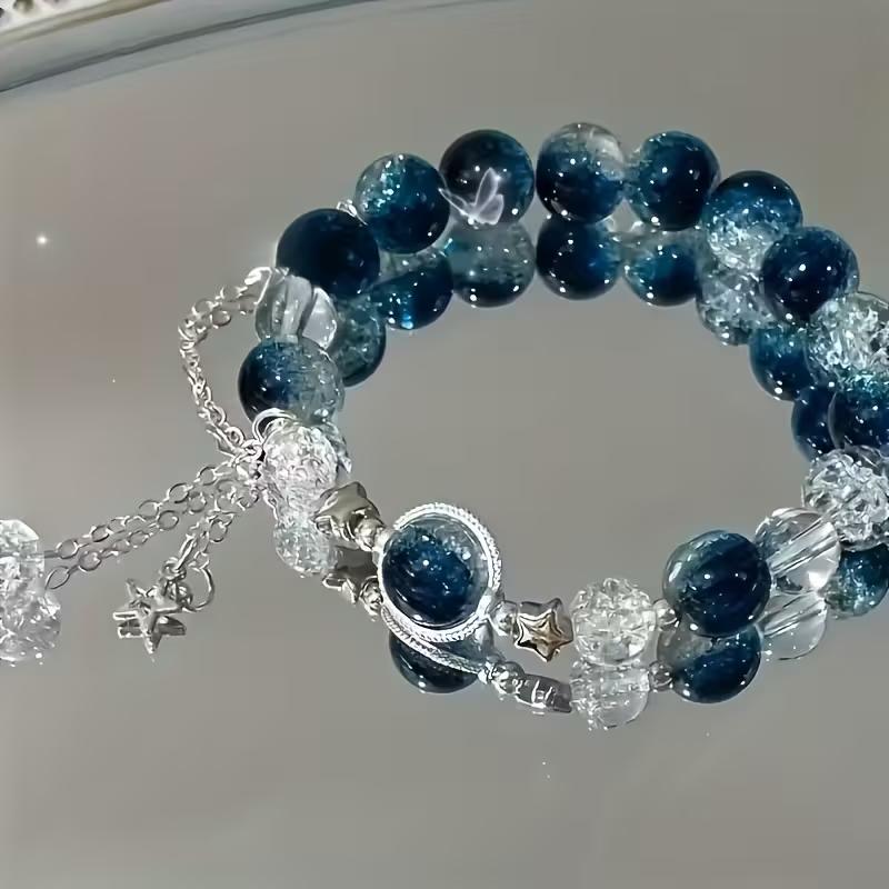 2pcs/4pcs Women's Galaxy Bracelet with Blue Cracked Glass Beads, Star Charm, Cosmic Jewelry, Adjustable Fashion Gift for Her