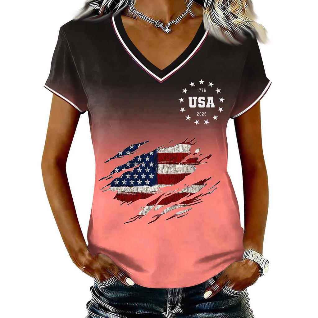 T-shirt Pull Col V Manches Courtes Décontracté pour Femme Imprimé Patriotique Dégradé Haut Jour de l'Indépendance T-shirt Graphique Drapeau USA