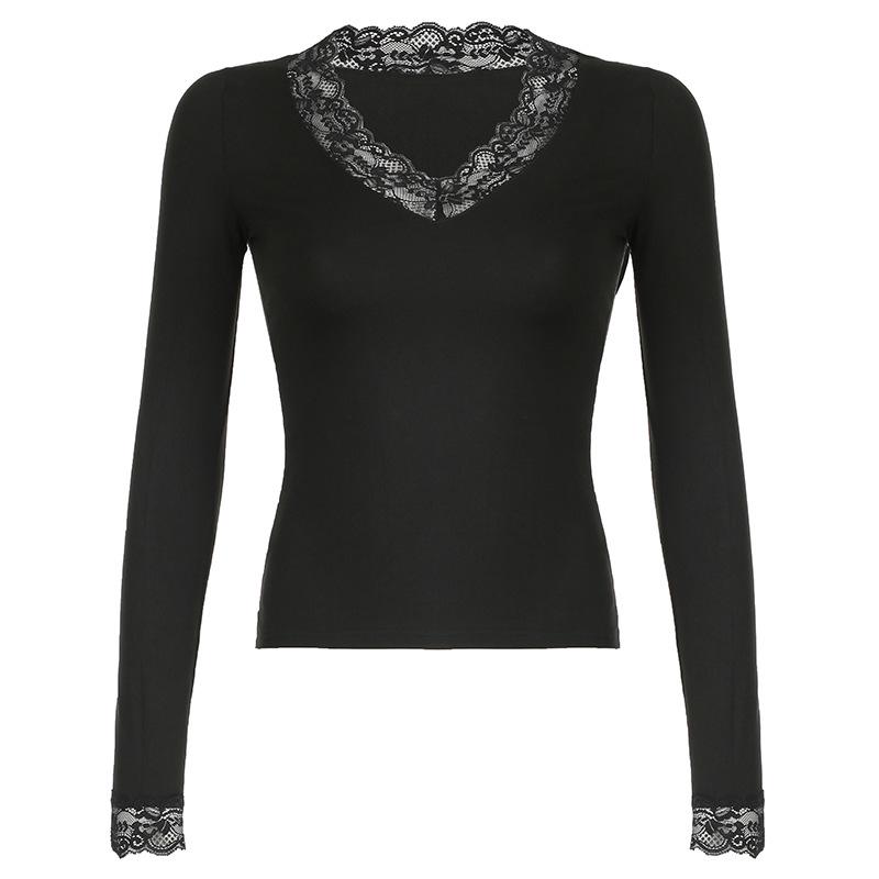 European Lace Patchwork Long Sleeve V-Neck T-Shirt