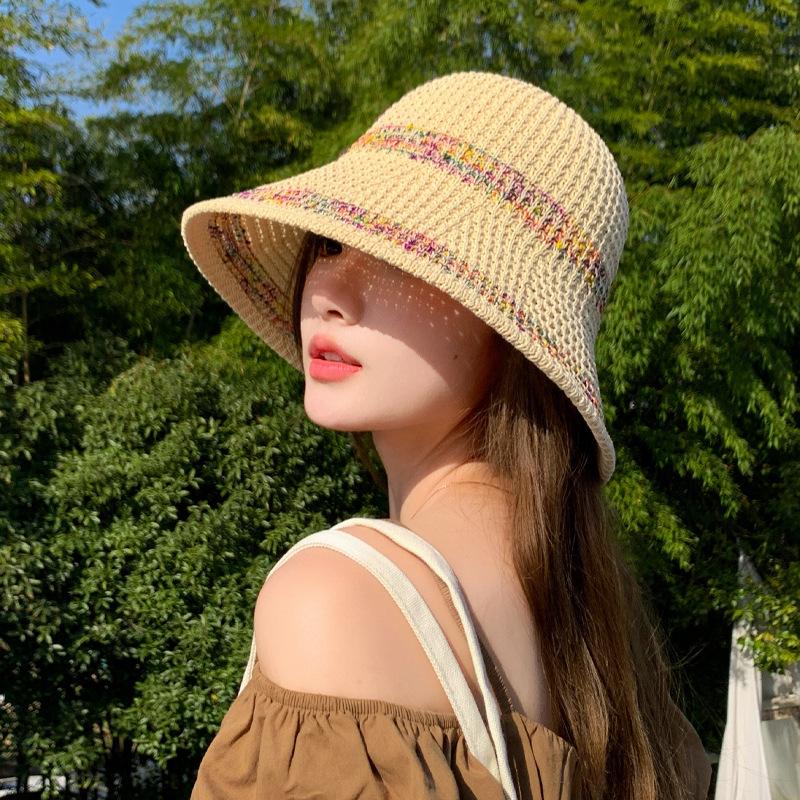 

Rainbow knitted straw hat summer hat women s sunscreen sun hat seaside beach bucket hat breathable face mask One Size