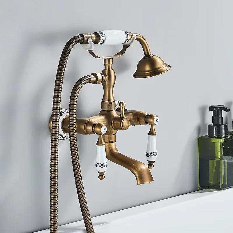 Antikes Messing Badewannen-Duscharmatur-Set Badezimmer Doppelgriff Wandmontierter Badewannenmischer mit Handbrause und Schwenkauslauf