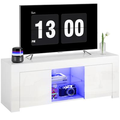 TV Cabinet with LED Lighting, 2 Doors, Glass Shelf and Cable Holes, Chipboard, White