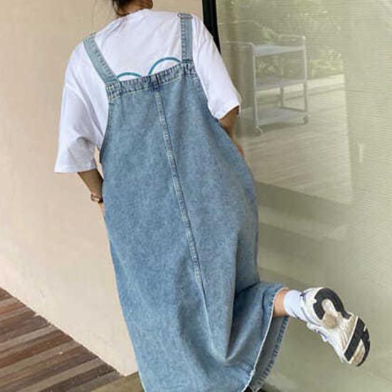 Vestido vaquero con tirantes, holgado, sin cuello, sin espalda, sin mangas, bolsillos laterales, dobladillo dividido, color liso, tirantes ajustables para el hombro, vestido midi para estudiantes