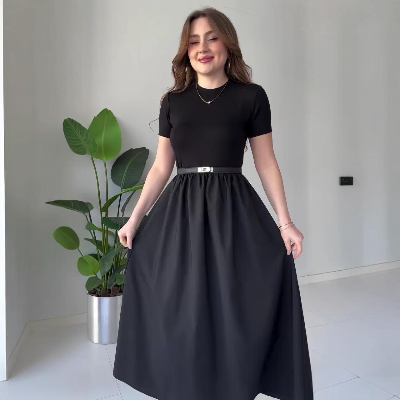 

2025 Summer Slimming Round Neck A-line Solid Color Dress for Women S чорний