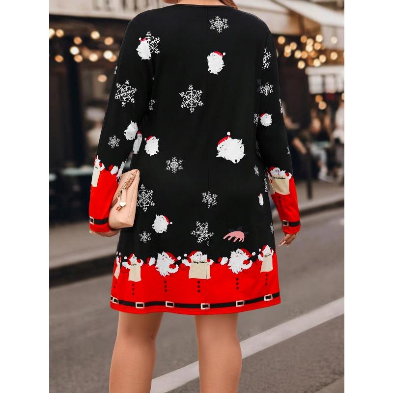 Holiday oriented Christmas Santa Claus and snowflake element plus size women's round neck long sleeved dress