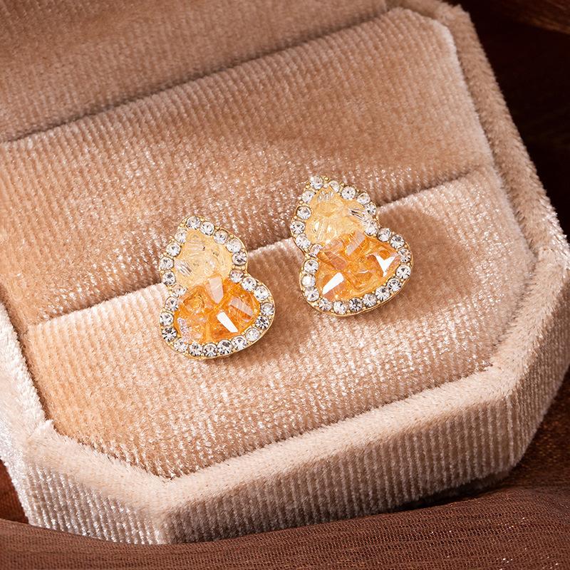 Orange Gradual Change Crystal Gourd Stud Earrings Female Niche Unique Simple High Sense Earrings Light Luxury Design Fortune Earrings