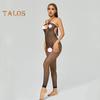 Women Jumpsuit Halter Neck Hollow Out Fishnet Backless Sleeveless Slim Fit Nightwear Open Crotch See-through Seductive Bodysuit for Bedroom Honeymoon
