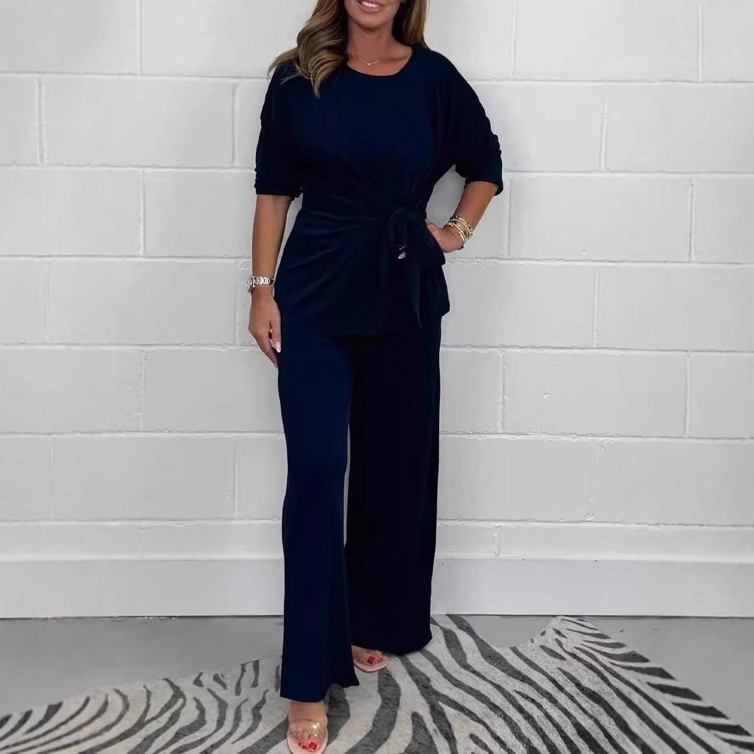 

Осенний женский брючный костюм больших размеров, однотонный, повседневный, модный, со шнуровкой, с длинным рукавом, топ и брюки 3XL темно-синий