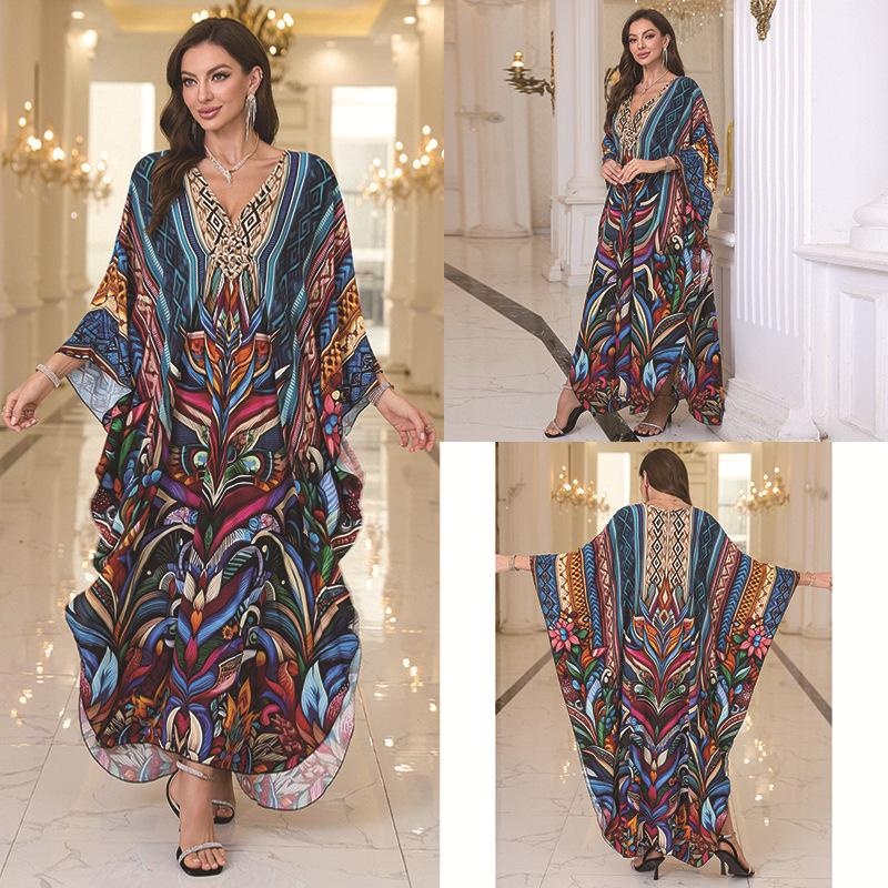 2025 European & American Cotton Printed Beach Dress Women's Long Loose Cover-Up with Sun Protection