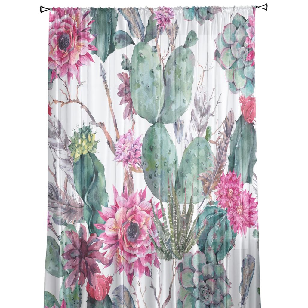 Tropical Plant Green Cactus Pink Flower Sheer Curtains for Living Room Tulle for Windows Voile Yarn Short Bedroom Curtains