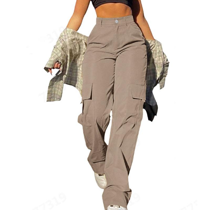 Streetwear Basic Buckle Cargo Pants Women Trousers Solid Straight Leg Big Pockets Baggy Sweatpants Chic