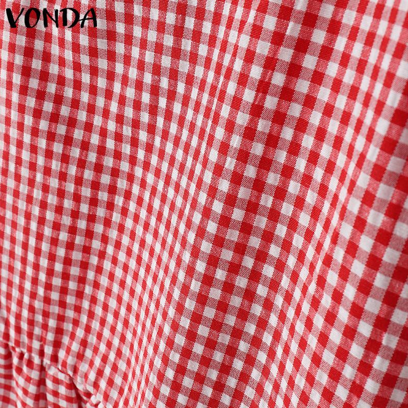 VONDA Women Summer Square Collar Short Puff Sleeve Bow Knot Plaid Print Casual T-shirts