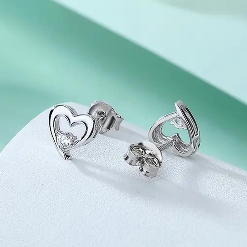 Huitan Fancy Heart Stud Earrings with Round CZ Silver Color Shiny Teen's Ear Piercing Accessories Gift Fashion Jewelry for Women