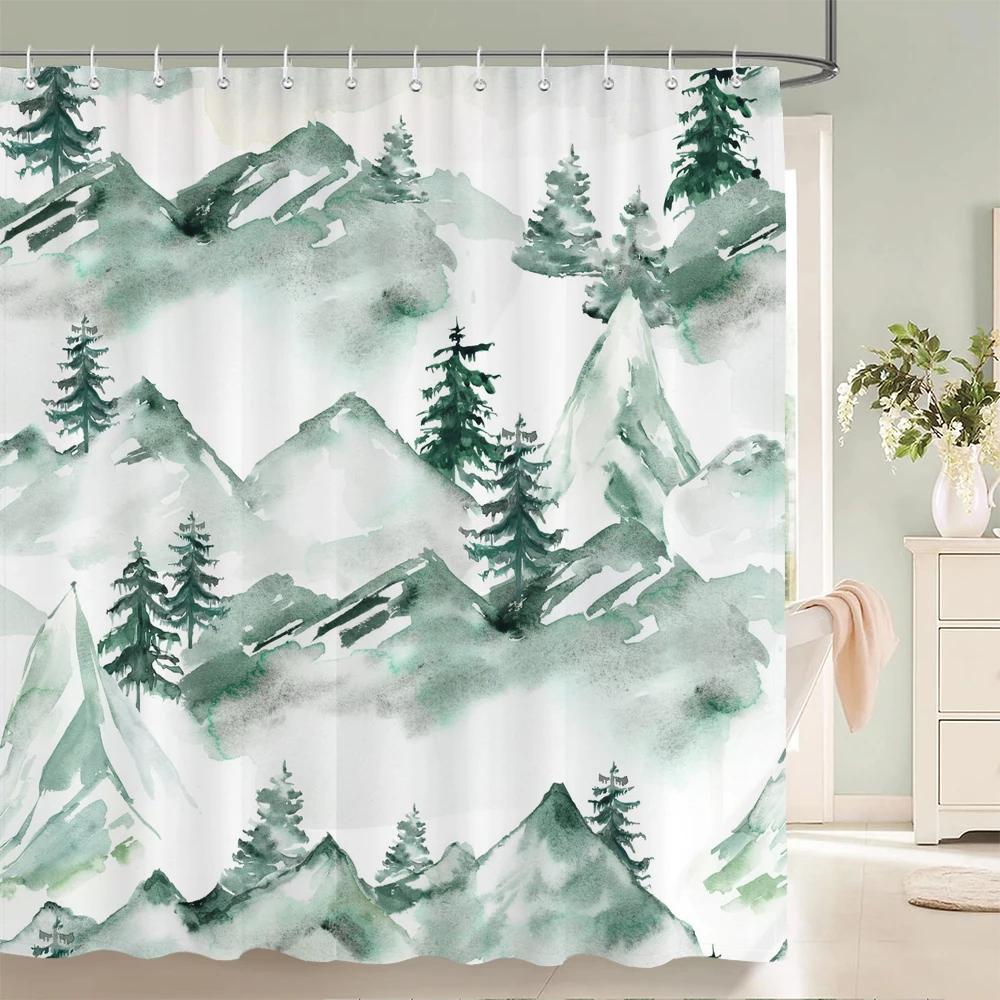 Chinese Ink Painting Landscape Bath Curtain Waterproof Shower Curtains Marble Pattern Bath Screen Printed Curtain for Bathroom