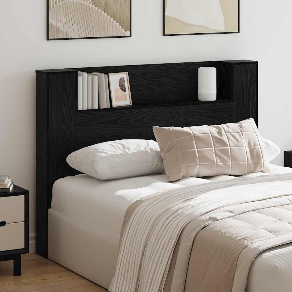 Storage Headboard with LED Lighting Black Oak Wood Based Material