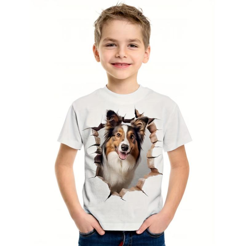 Barneklær Gutter T-skjorte Kort Erme 3D Hundetrykk Barn Sommerklær Kreativ Stilfull Streetwear Rund Hals Jenteklær