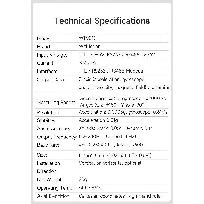 WitMotion WT901C485 9-Axis AHRS Inclinometer Acceleration+Gyro+Angle (XY 0.05° Accuracy)+Digital Compass, RS485 Modbus Protocol