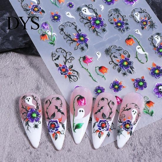 Self-Adhesive Manicure Decals Halloween 3D Embossed Nail Stickers, Gothic Flower Ghost Decor PVC Stickers Decals, Women Girls Art Accessories